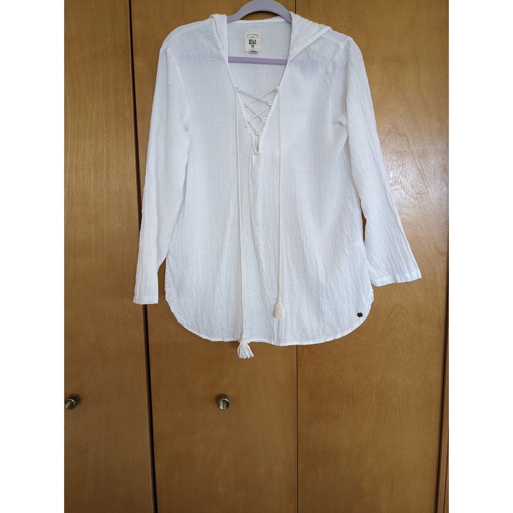 Billabong Same Story Womens White Gauze Lace Up Hoodie Beach Cover Up Tunic Med